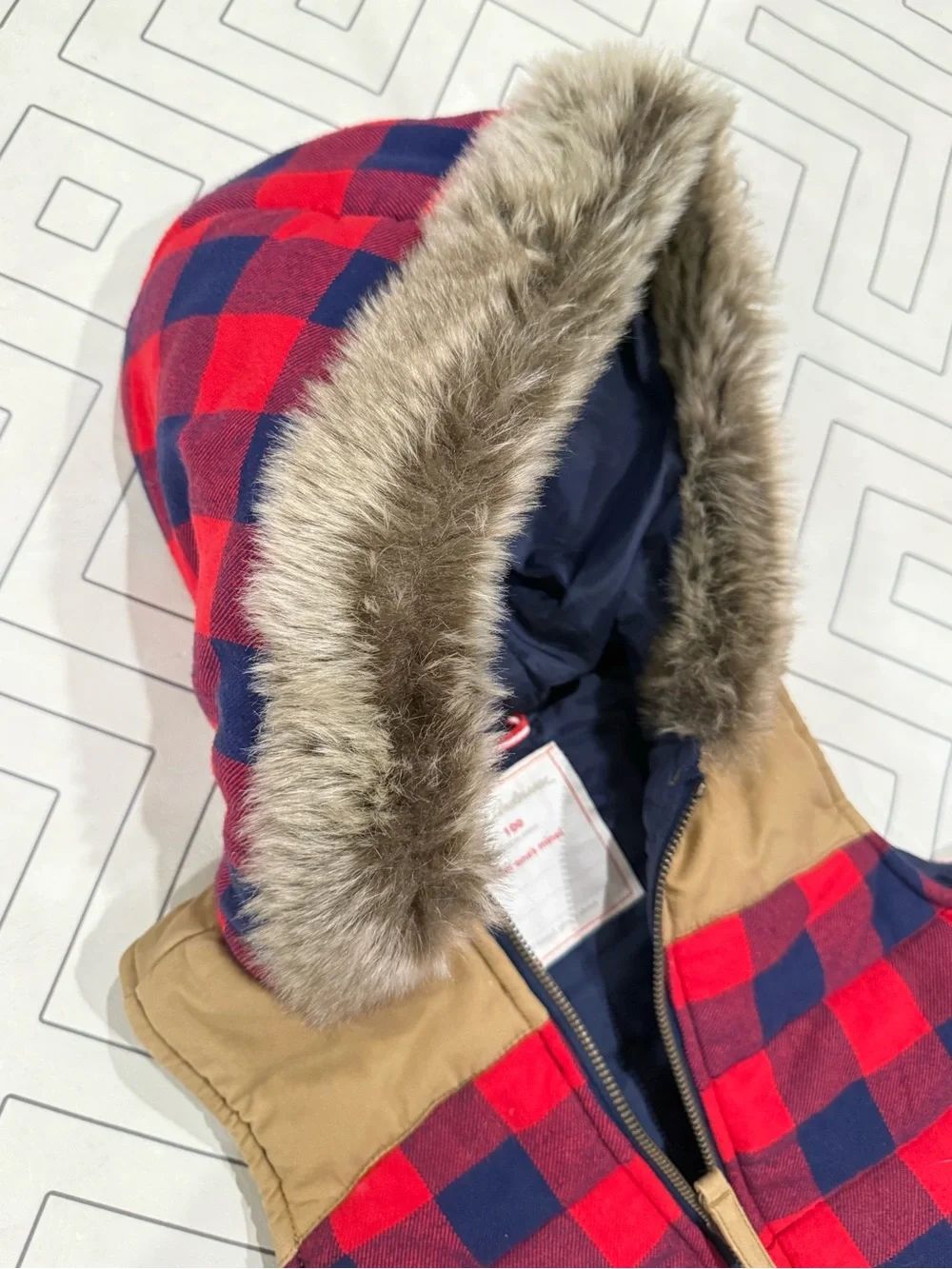 Hana Andersson Navy and Red Plaid Hooded Vest
